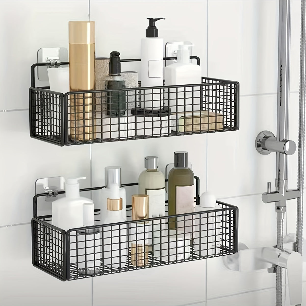 Wall-mounted bathroom storage rack with hollow design, no-drill hanging shelf for bathroom accessories