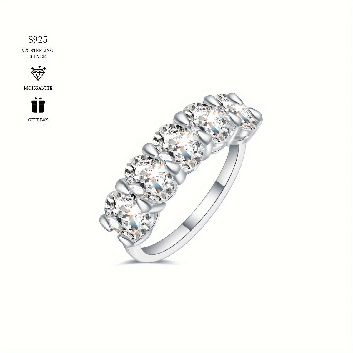 5 Egg Shaped Moissanite Ring in 6g of S925 Sterling Silver, Hypoallergenic, Total 2.5-5ct. Exquisite and Elegant, perfect for Valentine's Day Engagement/Wedding Gift for Women. Comes with a Bonus Moissanite Certificate in an Exquisite Gift Box.