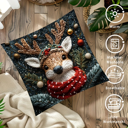 Contemporary style reindeer Christmas hat pillowcase, measures 44.96x44.96 cm. Made of woven polyester with hidden zipper. Machine washable, allergy-free. Suitable for living room sofa and bedroom decor.