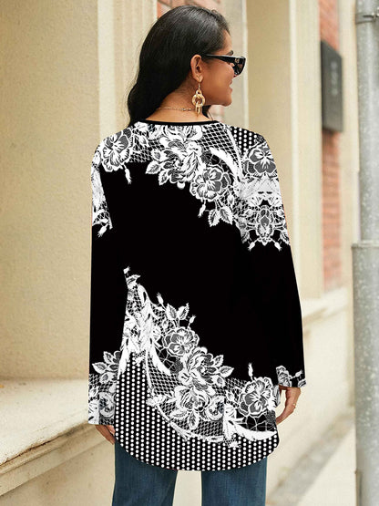 Women's plus size floral print long sleeve t-shirt. Crew neck, stretchy and machine washable. Ideal for spring and fall.