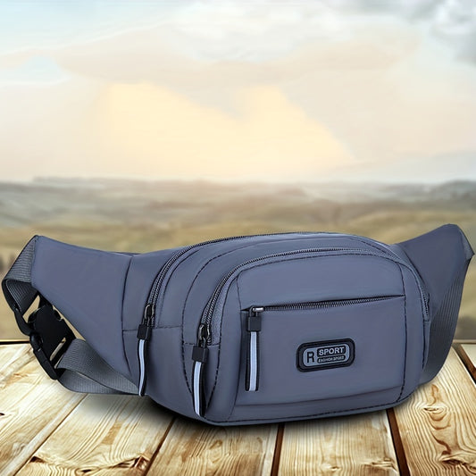 Men's sports waist pack in black. Large capacity, water-resistant, fashionable and durable. Features a phone pouch, adjustable shoulder strap, and wristlet. Hand washable and