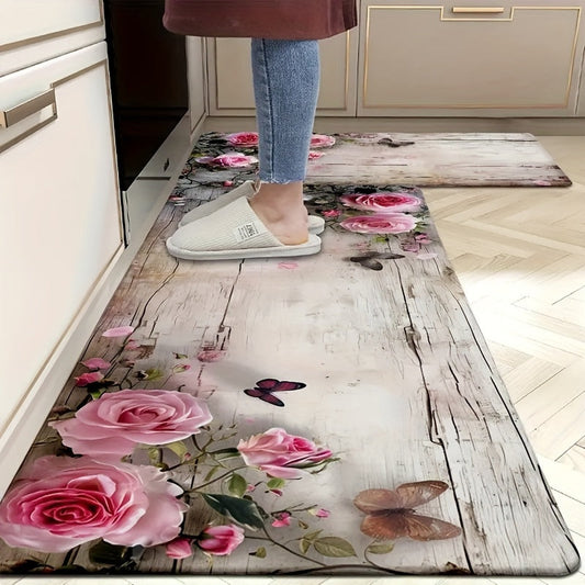 Rectangular Non-Slip Polyester Rug with Floral Design for Kitchen, Office, Entryway, Living Room, Bedroom, or Laundry Room - Machine Washable Indoor Doormat for Comfort and Anti-Fatigue with PVC Backing