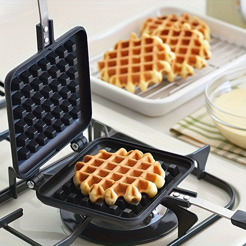 Square waffle maker for gas stovetops, perfect birthday gift for cooking enthusiasts.