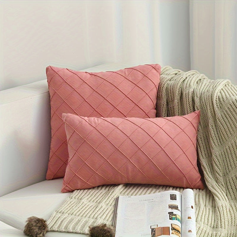 Luxury Nordic Quilted Throw Pillow Cover with Elegant French Style in Soft Suede Fabric. Features Invisible Zipper and is Machine Washable. Ideal for Modern Living Room Decor. Available in Square and Rectangle Sizes.