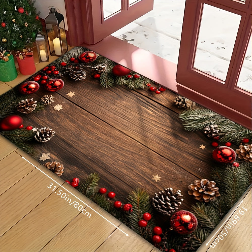 This decorative non-slip mat, perfect for the winter holidays, features charming patterns of New Year and Christmas elements such as faux wood grain, pine trees, pine cones, and snowflakes. It is ideal for adding a festive touch to bedrooms, living