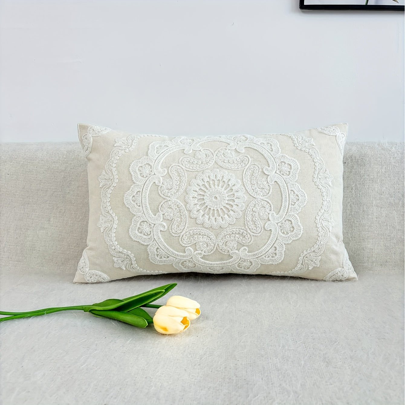 Elegant floral embroidered round throw pillow cover in traditional style. Machine washable with zip closure. Perfect for room decor. Pillow insert not included.