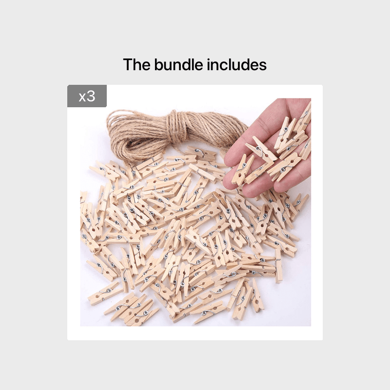 50 decorative photo clips with 5m of hemp rope.