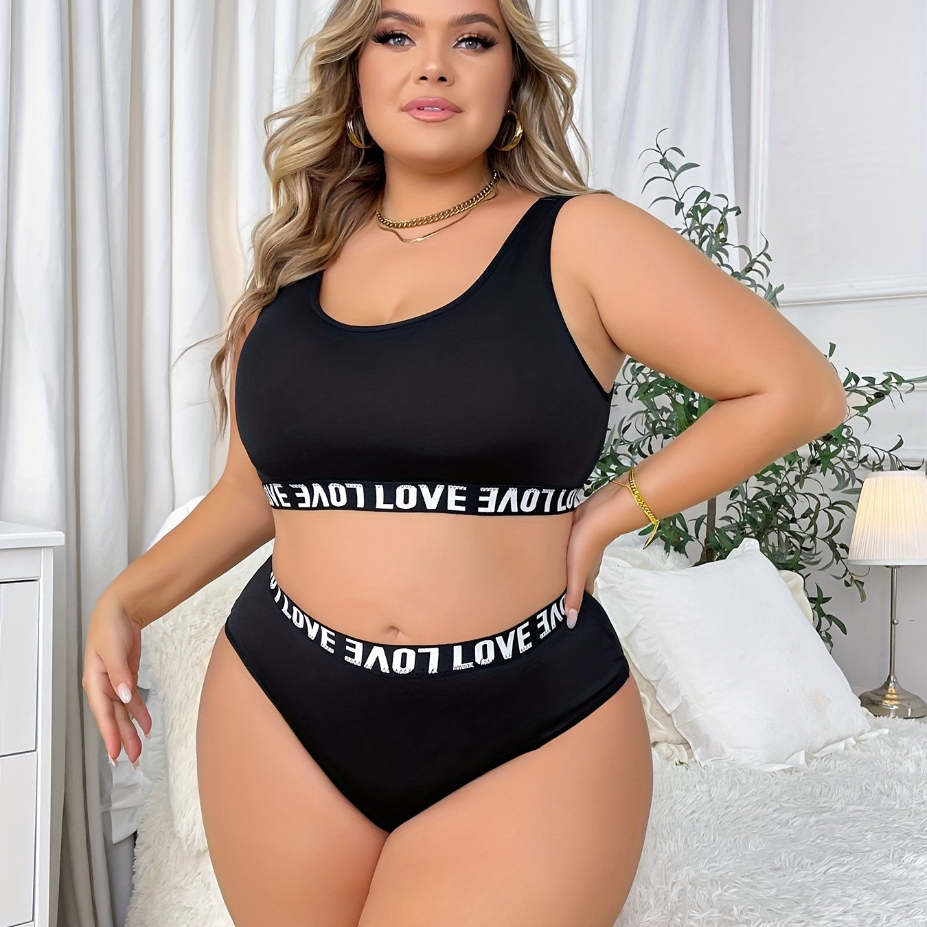 Women's plus size simple lingerie set includes a seamless bra and panty with contrast letter tape.