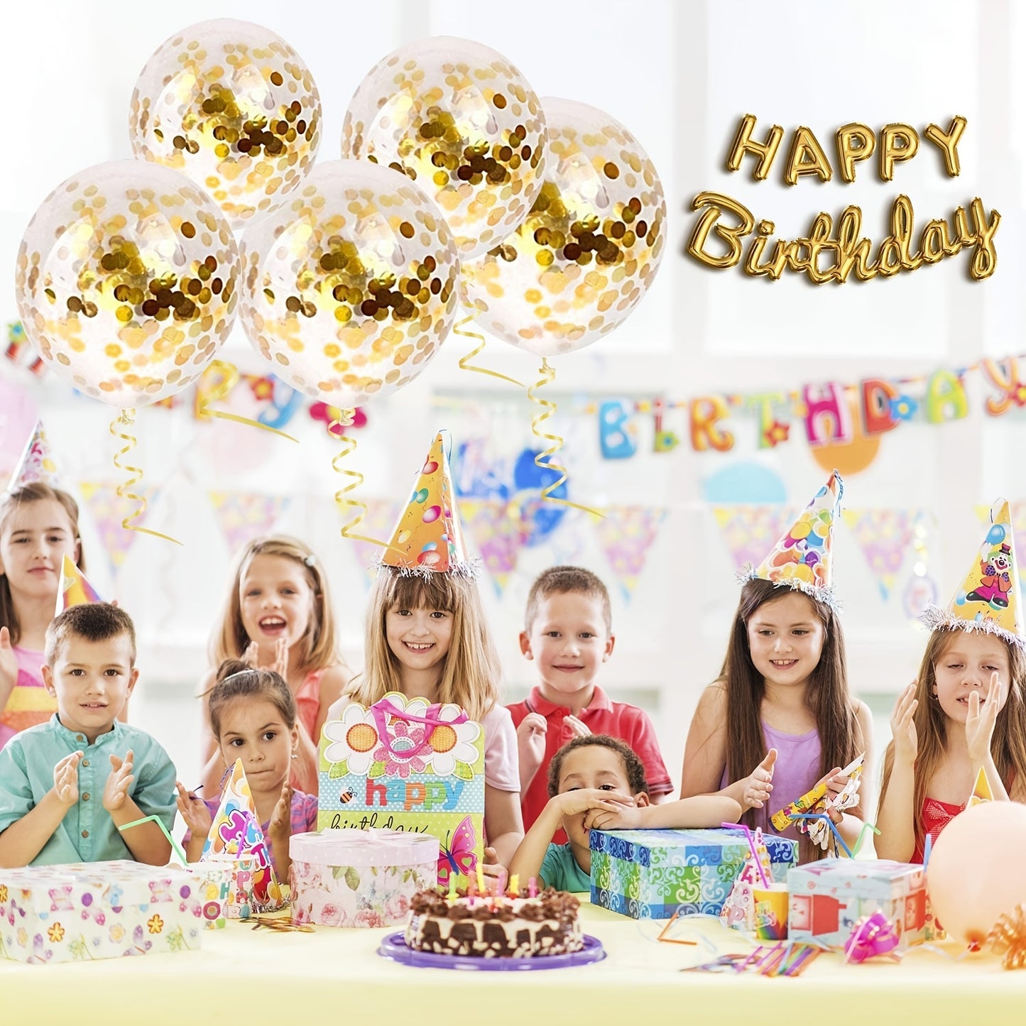 30 golden confetti latex balloons with golden paper dots, perfect for party decorations.