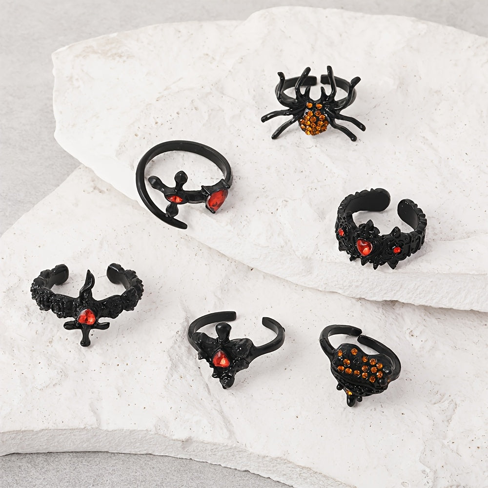 Set of 6 Gothic Black Rose Cross Adjustable Rings, Featuring Spider Cross Design with Sparkling Rhinestones, Stylish Alloy Rings for Women - Ideal for Everyday or Special Occasions