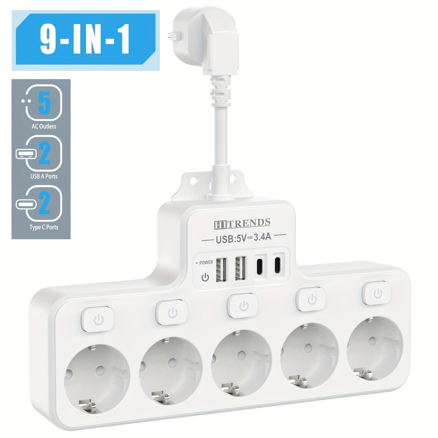 9in1 Power Strip with 5 AC Outlets, 4 USB Ports (2 TYPE-C), Independent Switch, Wall Mount for Home and Office.