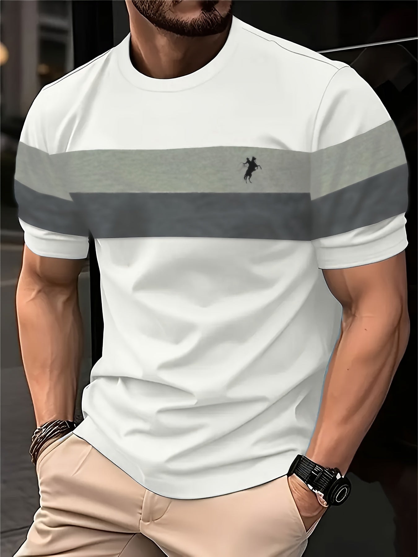 Color block horse rider graphic tee for men, perfect for summer outdoor wear