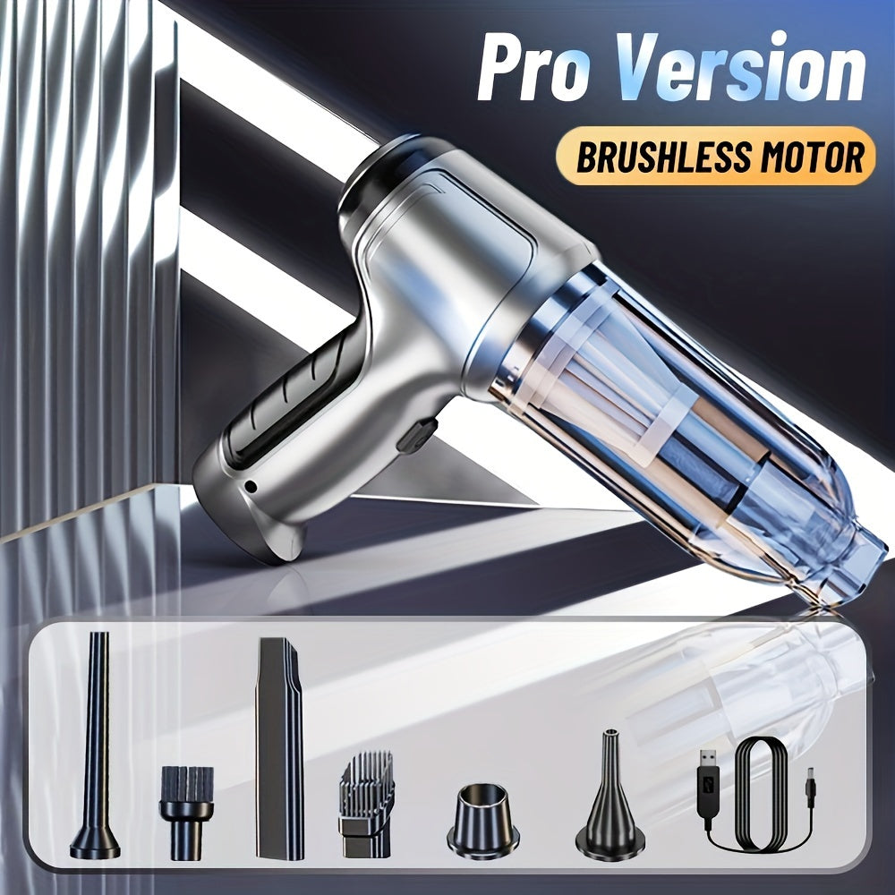 Portable cordless handheld vacuum cleaner with rechargeable brushless motor cyclone suction, suitable for car, office, and home use. Can be used for both suction and blowing, making it a