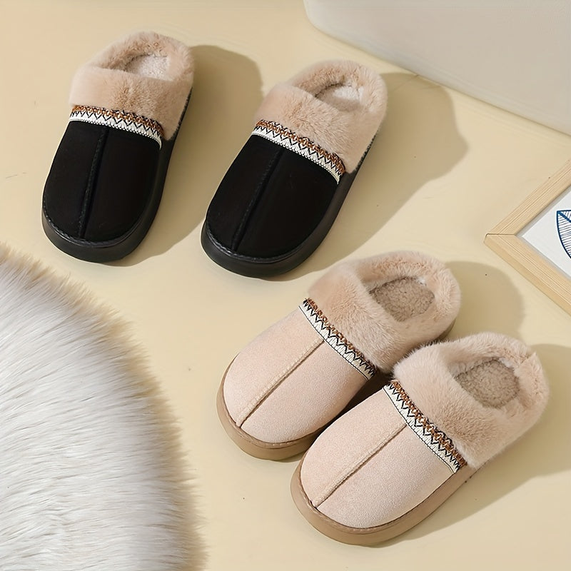 Women's cozy slippers with plush lining, non-slip EVA sole, soft fabric, casual style, hand wash only, solid color, all-season wear, no print.