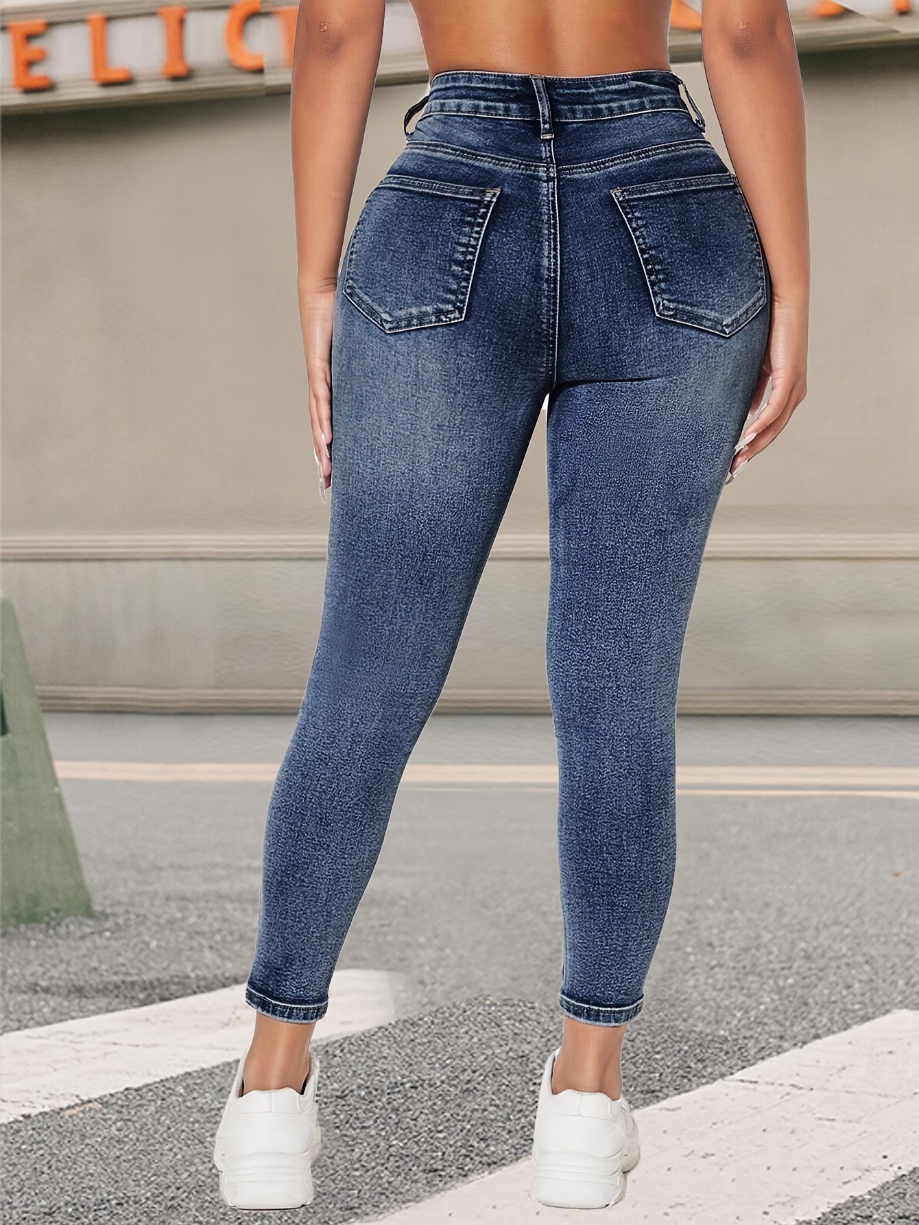 Women's Vintage Blue Stretch Skinny Jeans made with high-quality, durable denim featuring slash pockets. Suitable for all seasons.