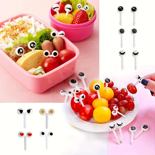 20 reusable mini eye-shaped food forks made of BPA-free ABS plastic in assorted designs for fruits, vegetables, and pastries, perfect for parties and casual dining.