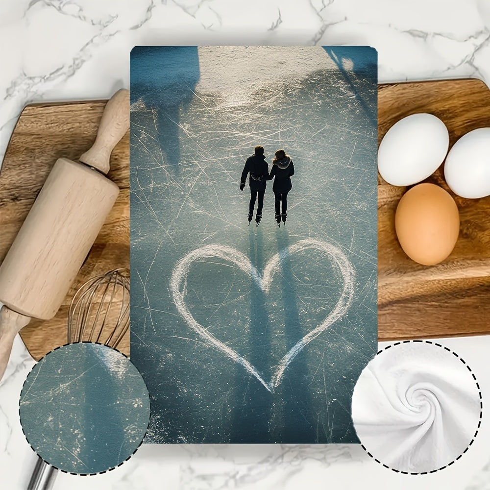 Two Kitchen Towels with an Ultra Soft Feel, Featuring a Couple Ice Skating and Tracing Hearts, Highly Absorbent Dish Hand Towels for Festive Decoration, Easily Machine Washable, Size 16x24 Inches - Item Number 2KYSYS1215038