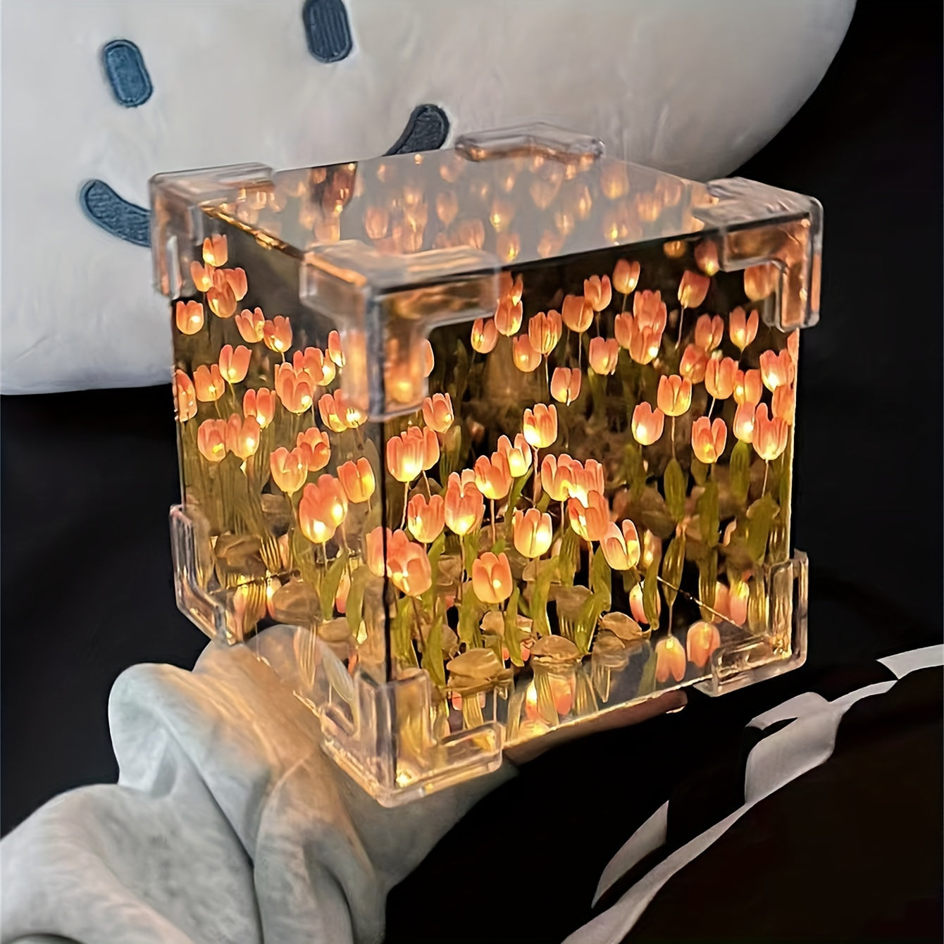 Tulip Mirror Night Light Kit: Modern Floral Cube Design, Battery-Powered for Bedroom, Living Room & Office Décor.