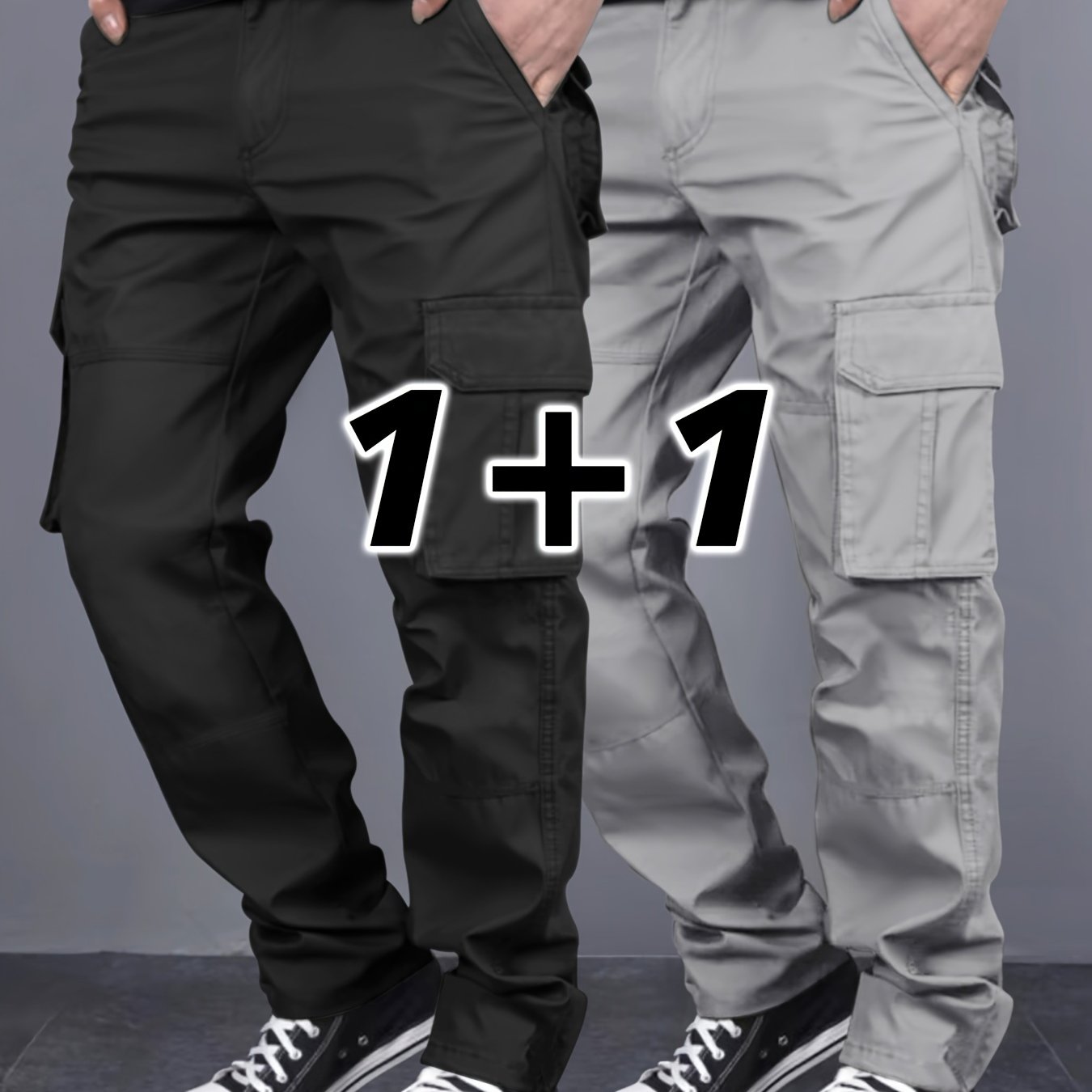 Men's 2-Pack Solid Color Cargo Pants with Multiple Pockets, Regular Fit, Ideal for Outdoor Activities