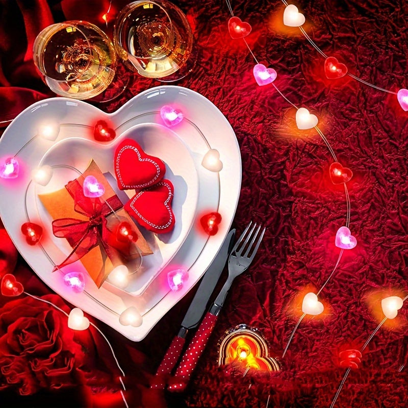 Heart-shaped LED lights in red and pink, with white hearts. Ideal for indoor decoration at events like weddings and parties. Battery-operated, made of plastic, wireless. Batteries not included.