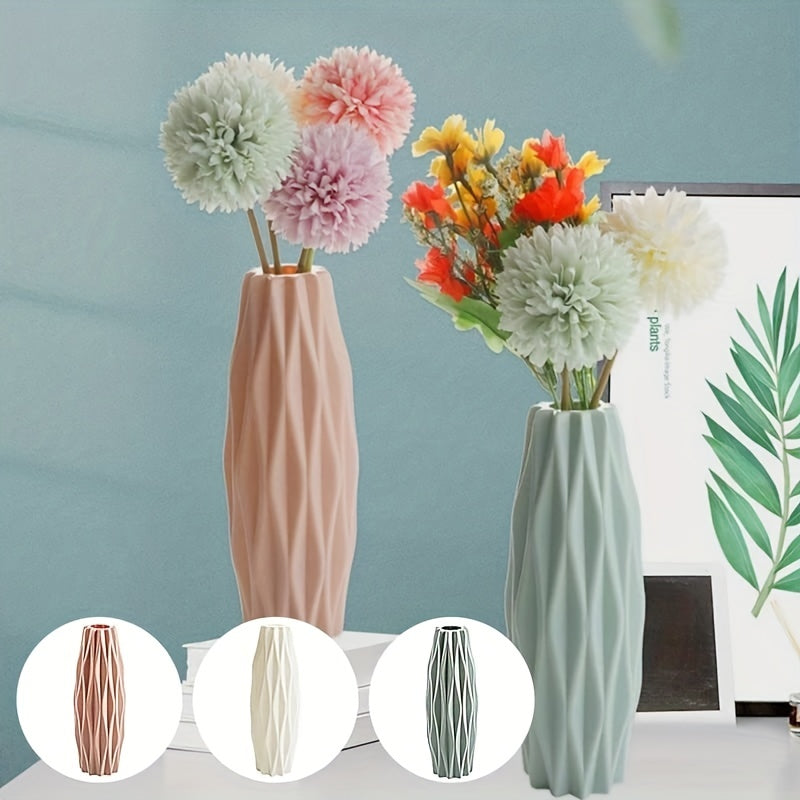 Unbreakable white plastic vase with ceramic appearance for indoor living room decoration.