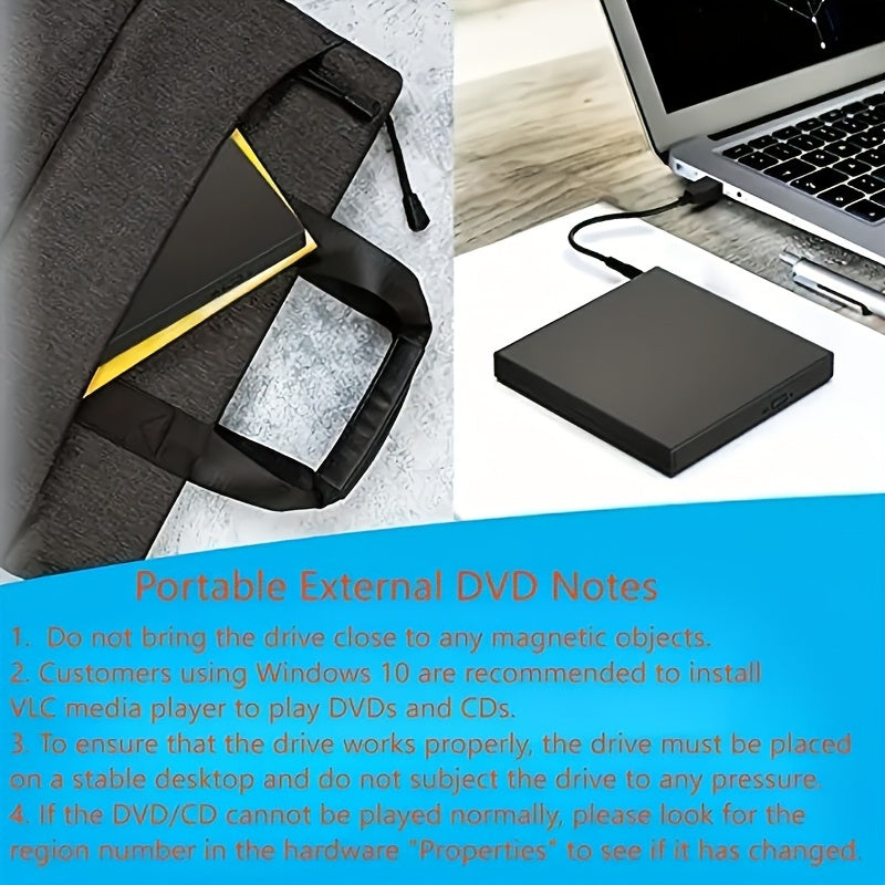 Plug & play USB external CD/DVD drive for laptops, slim and shockproof with quiet operation. DVD-RW/CD-RW reader/writer, compatible with Windows/Mac OS. No battery required for PC.