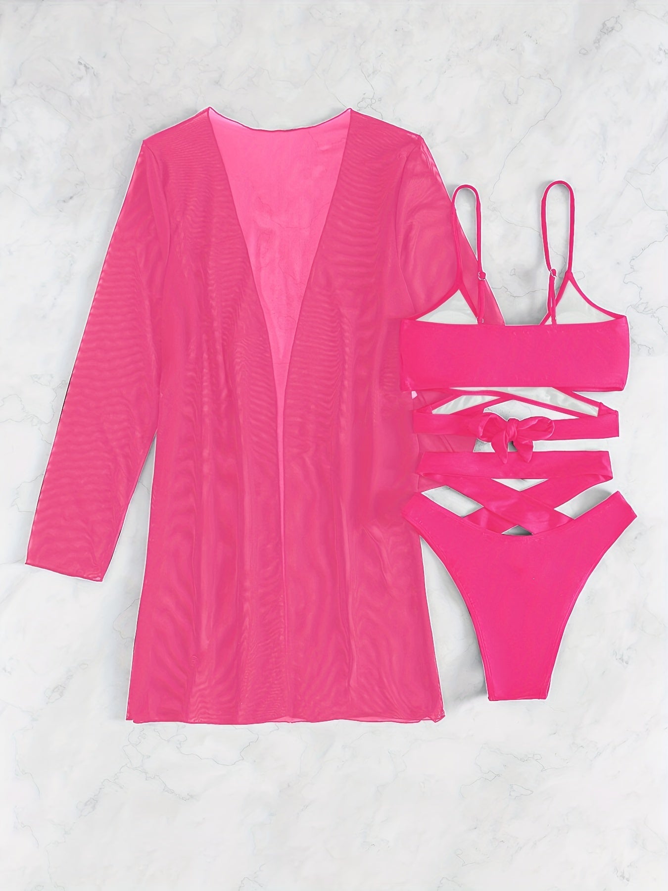 V-neck bikini set with high-cut bottoms, criss cross straps, long-sleeve cover up shirt.