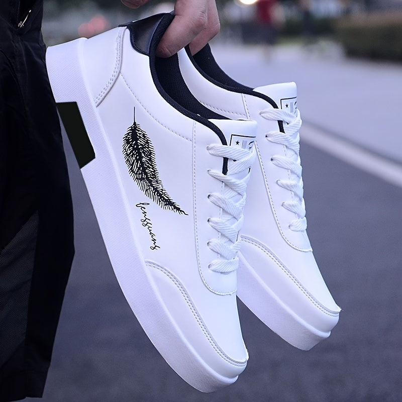 Men's sleek white sneakers with feather design for casual wear, walking, jogging, and travel. Non-slip lace-up low tops with PU upper and PVC sole. Sporty and versatile for outdoor