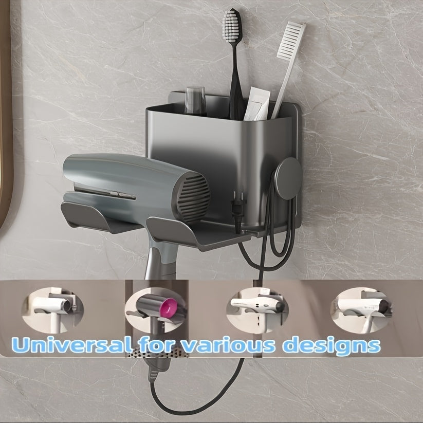 Wall-mounted bathroom organizer rack with multiple functions including storage for hair dryer, combs, razors, and makeup. Features a smartphone holder and durable plastic construction. No drilling required. Great Christmas/Halloween gift for home