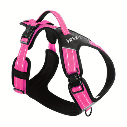 Polyester adjustable dog harness, hand-washable, with reflective material, easy-grip handle, and D-ring. Suitable for large breeds and outdoor walks.