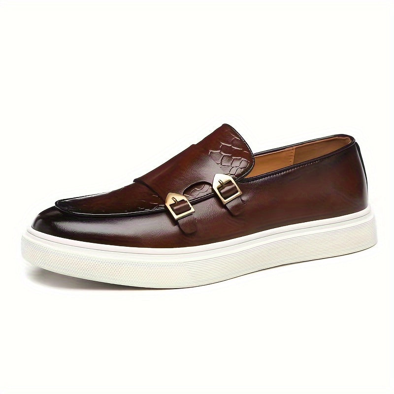 Men's slip-on dress shoes with a faux plaid pattern, rubber sole, and faux lining for work and safety uniforms.