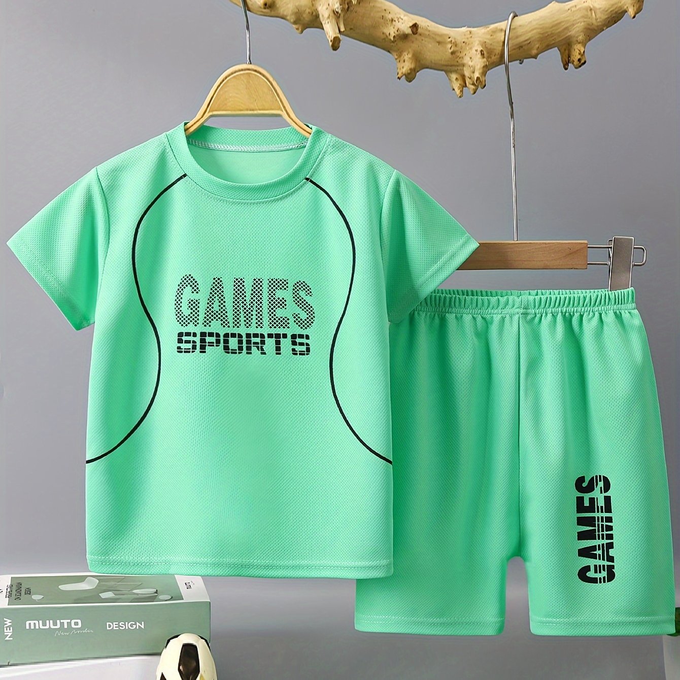 Boys' 2pc quick-drying outfit with GAMES SPORTS print t-shirt and shorts for summer outdoor wear.