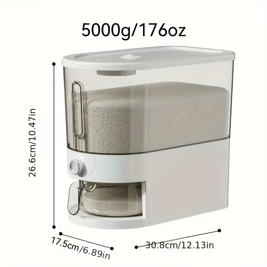 Airtight rice dispenser with measuring cup in 176oz and 352oz sizes for storing grains and more, moisture-proof and food-grade container with press gap.