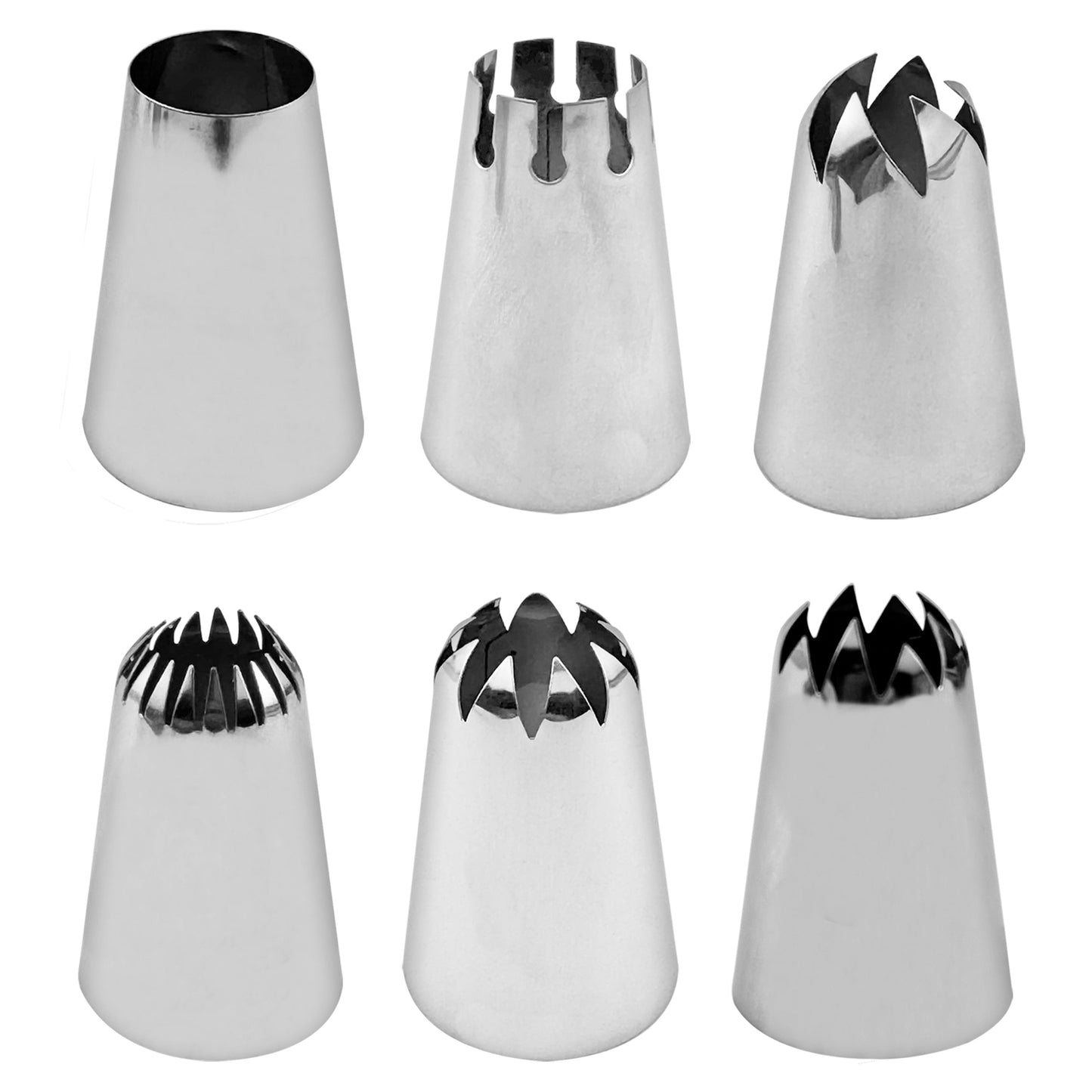 Set of 6 Large Stainless Steel Icing Piping Nozzles for Cupcake Decorating, DIY Baking, Cake and Cookie Decorating. Perfect for Christmas, Halloween, Easter, Hanukkah and Thanksgiving celebrations.