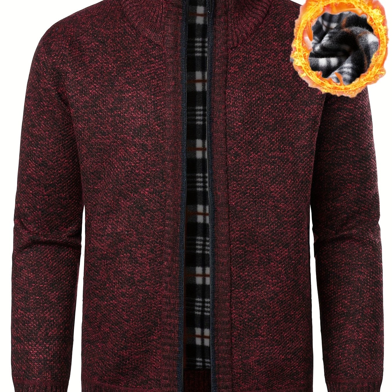 Men's zippered cardigan sweater made from 100% polyester knit fabric. Regular fit with slight stretch, stand collar, and zipper detail. Ideal for fall/winter outerwear.