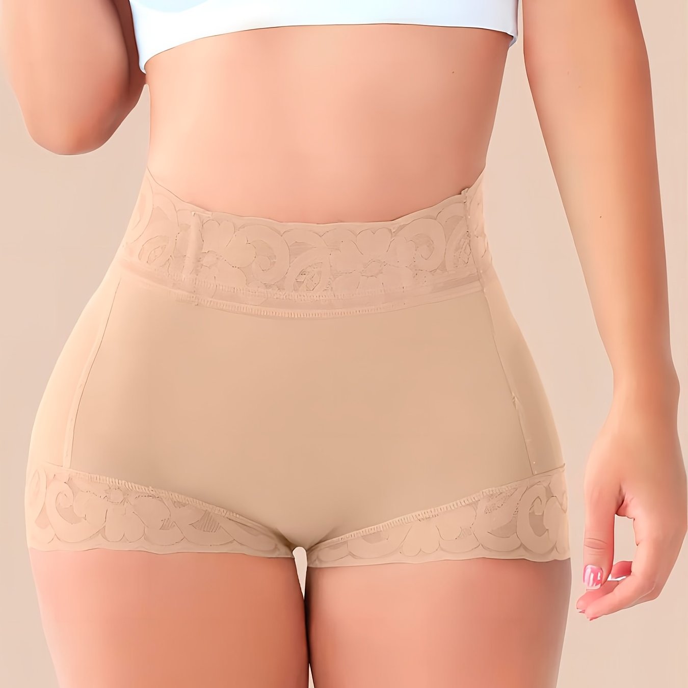 High-Waisted Mesh Hip Cincher Shorts with Lace Detail for Summer Body Shaping, Breathable Nylon and Elastane Blend, Flat Front Waist Control, Hand Washable