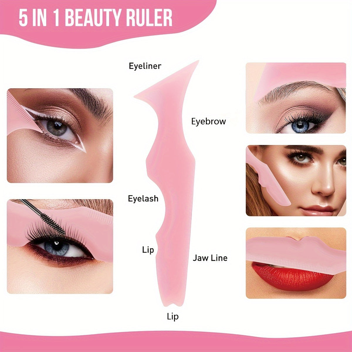 Set of 3 silicone makeup guides in pink for perfect eyeliner, eyelashes, and brows, suitable for all skin types, fragrance-free.