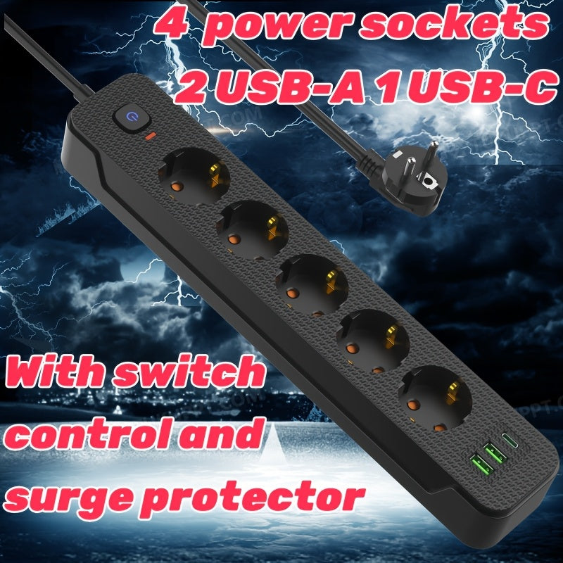 Heavy duty power strip with surge protector, European outlets, USB-A/C ports, flat plug, 220-240V AC, for various settings.