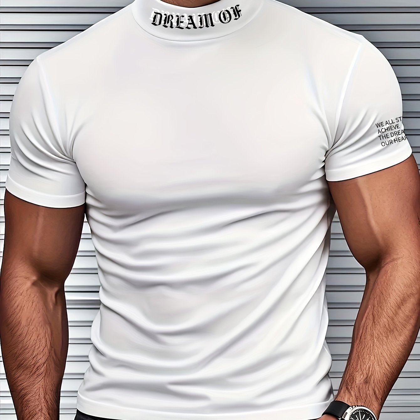 Breathable men's short sleeve t-shirt with random print, made of polyester spandex blend. Features stand collar, slight stretch, skinny fit, and knit fabric. Suitable for all seasons