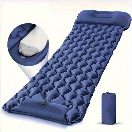 Portable inflatable camping air mattress with foot pump, durable TPU material; includes repair kit and carrying bag. Ideal for outdoor travel and picnics.