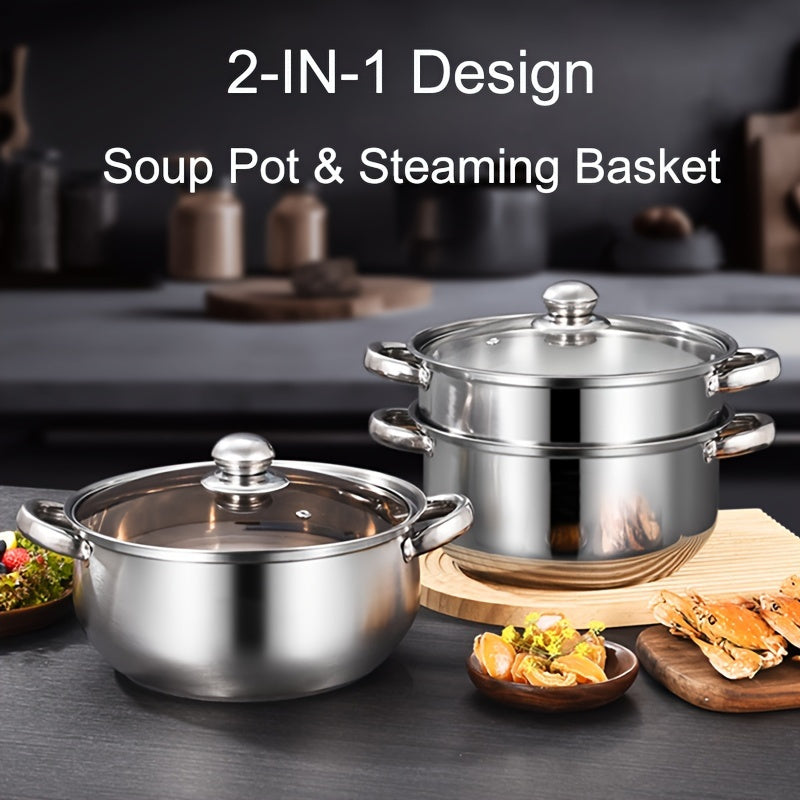 ZZBZZ 24.0cm Stainless Steel Steamer Pot Soup Pot - 2-in-1, Durable Double Layer with Steaming Basket. Compatible with Induction & Gas Stoves, Multi-Use for Home Kitchen Cookware.