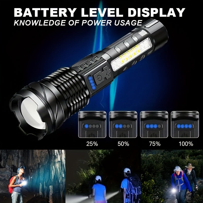 1pc Portable Camping Flashlight, USB Rechargeable LED Handheld Torch with Red-Blue Warning Light for Fishing, Adventure, Emergency, Hiking, Outdoor Searchlight.