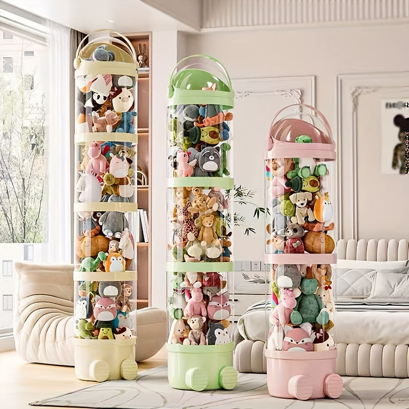 Contemporary stackable storage bin for stuffed animals with waterproof lid. Clear plastic tube organizer for home decor, space-saving, no electricity required. Romance theme display shelf.