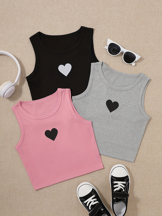 3 Girls' Casual Printed Crop Tank Tops with Heart Design in Assorted Colors, Comfortable Fit for Everyday Wear in Kids Sizes.