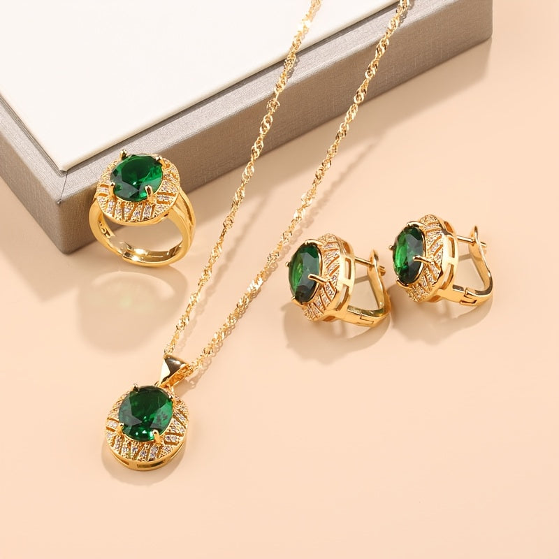 Sophisticated 4-Piece Jewelry Set - Featuring 18K Gold Plated Copper and Synthetic Zirconia Stones. Includes French-Style Necklace, Earrings, and Rings Combo perfect for Daily Wear or Weddings. Adorned with a Christmas Holiday Theme, this All-Season