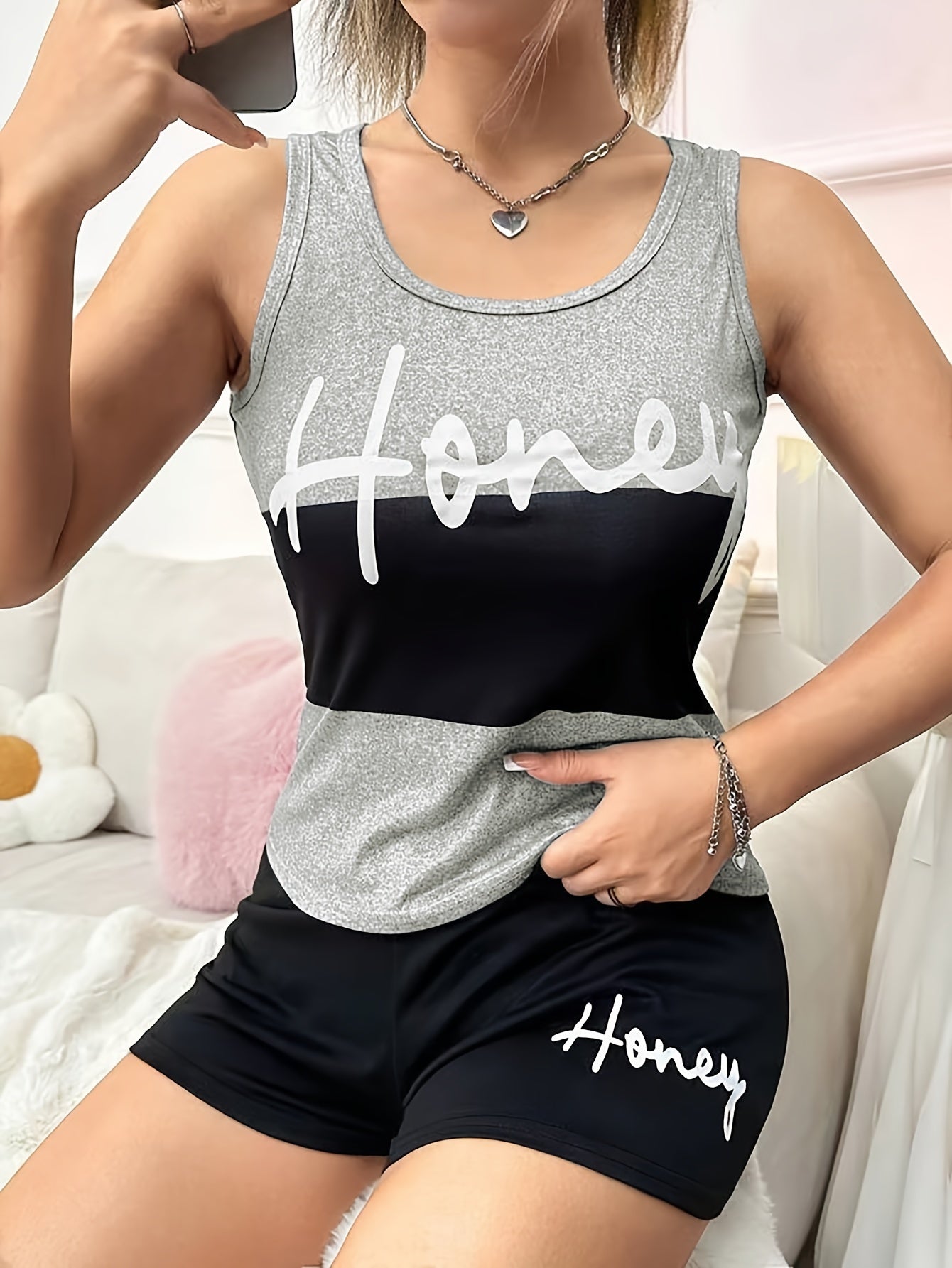 Women's Casual Letter Print Tank Pajama Set - Comfortable Polyester Blend, Non-See-Through, Summer Sleepwear with Drawstring Shorts