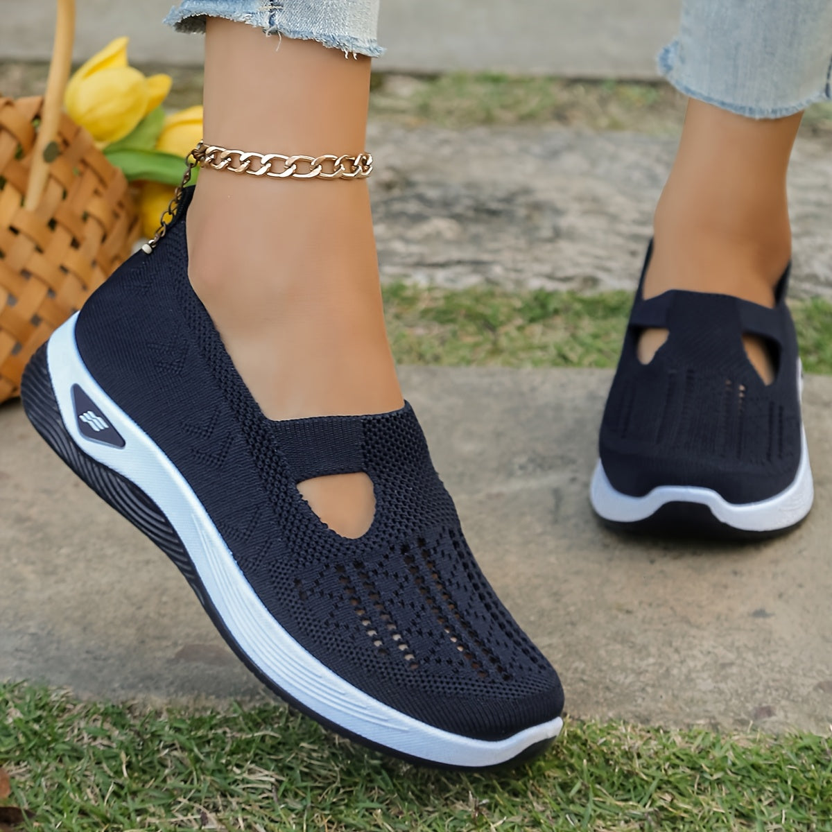 Women's lightweight slip-on running sneakers with breathable fabric and rubber sole for year-round comfort.