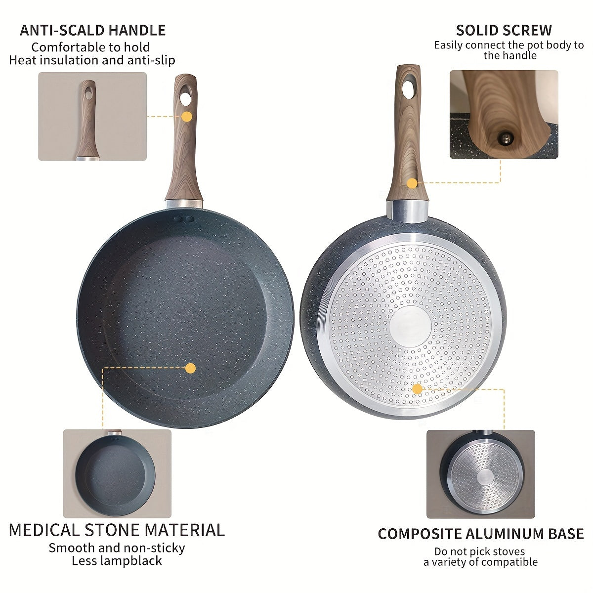 Non-stick aluminum frying pan designed for frying eggs and steaks on household induction cookers and gas stoves. Constructed with gray granite stone for durability.