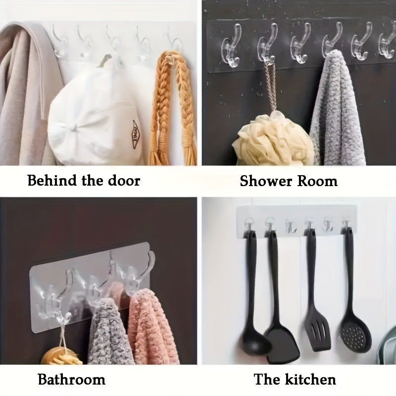 1 piece wall organizer with 6 hooks, no drilling required. Strong adhesive for wall-mounted clothes and hat storage. Great for kitchen, bathroom, and utility use.