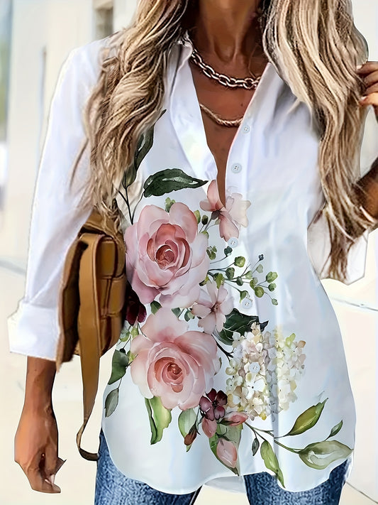 Floral print button-front collared shirt, perfect for spring and fall, women's casual long sleeve shirt